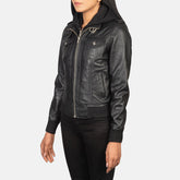 Xatus Black Leather Hooded Bomber Jacket